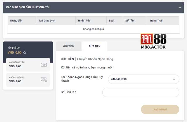 Điền thông tin yêu cầu trên form M88 rút tiền