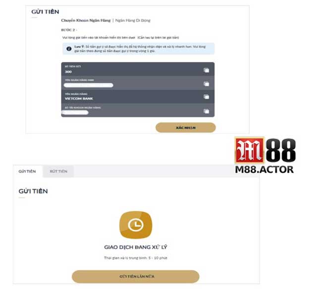 Tiến hành giao dịch nạp tiền M88 
